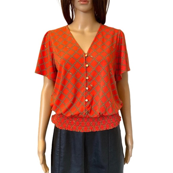 Michael Kors Women's Blouse Sea Coral Short Sleeves V-Neck Top Size XL - NWT $98 - Picture 1 of 13
